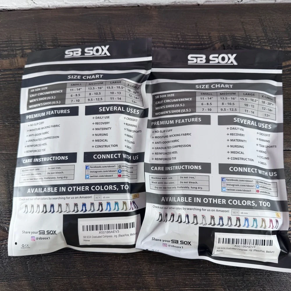 SB SOX Compression Socks Unisex Medium Black Pink New 20-30mmHg 2 Pairs